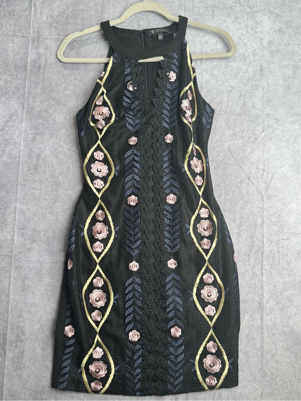 Guess Y2K Embroidered Mesh Halter Mini Dress Black Floral Bodycon Size 4 - Picture 2 of 9